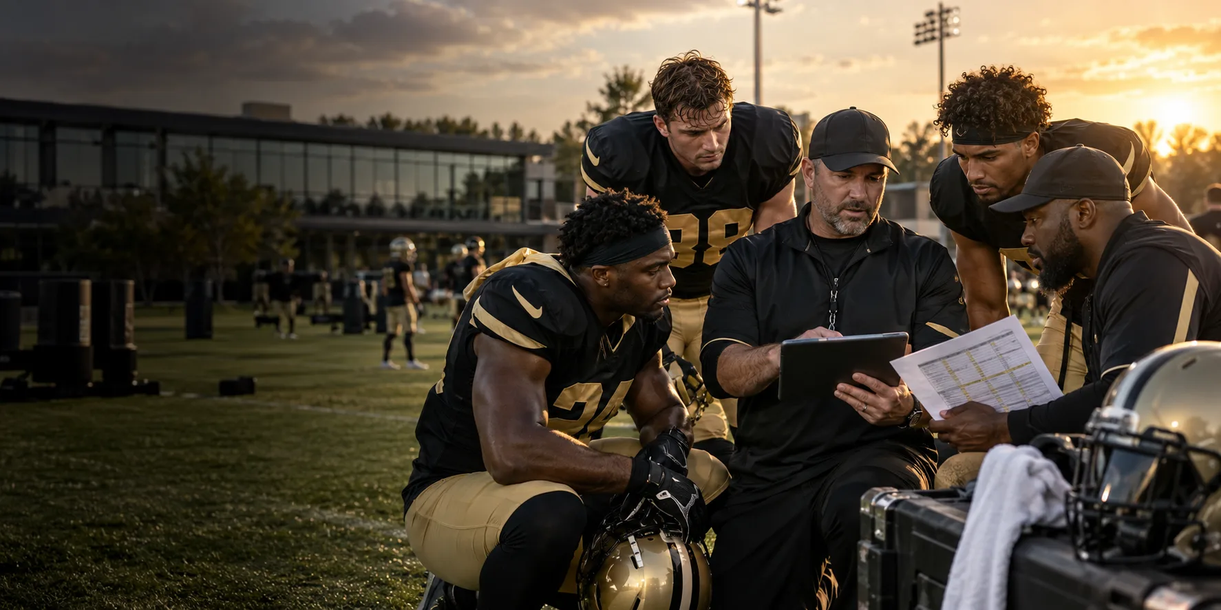 Coaches and football players reviewing team plans