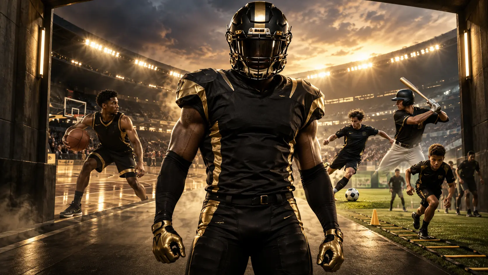 Football player leading athletes from multiple sports