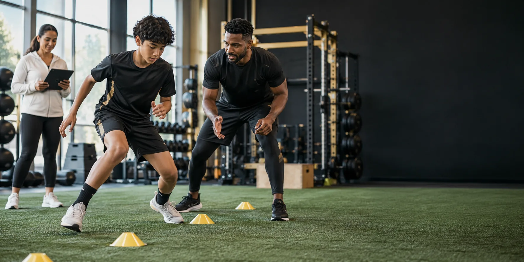 Trainer guiding a young athlete while a parent tracks progress